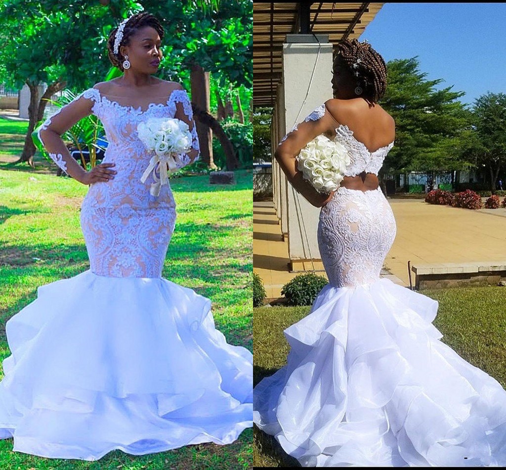 Plus Size African Mermaid Wedding Dresses 2020 Modern Cascading Ruffles Tiered Skirt Lace Long Sleeve Aso Ebi Bride Wedding Gown