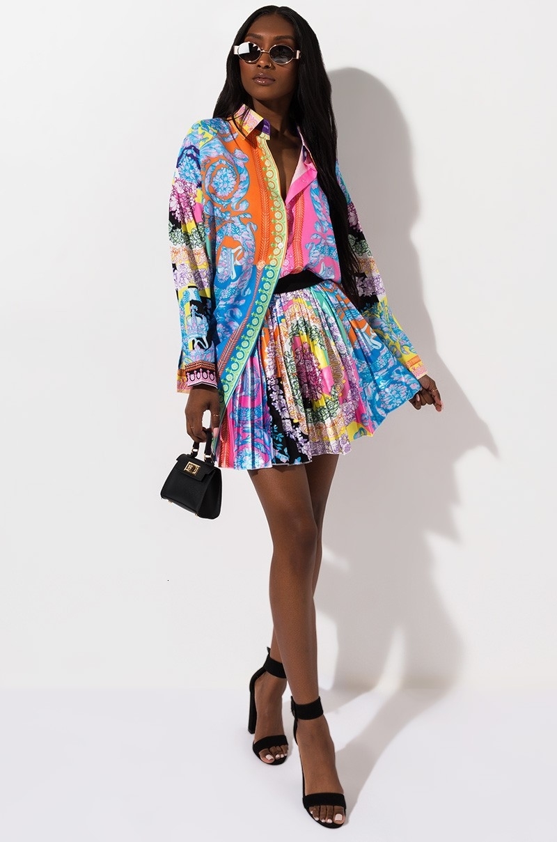 2 Pieces Set Sexy Autumn Fashion Women Set 2019 Female Tops Floral Print Long Sleeve Shirt Elastic Waist Mini Skirts V191019