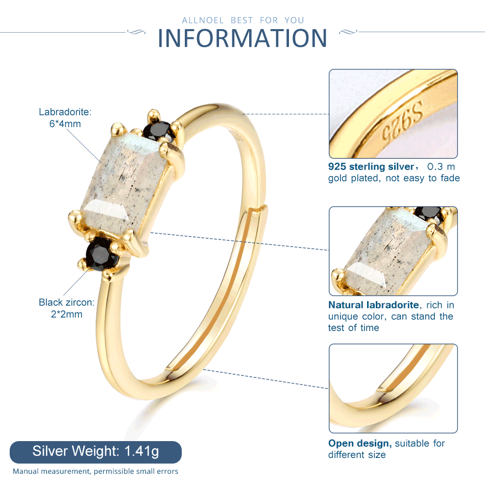 ALLNOEL 925 Silver Adjustable Rings for Women Natural Rose Quartz Labradorite Gemstone femme Engagement Ring set Fine Jewelry CJ191230