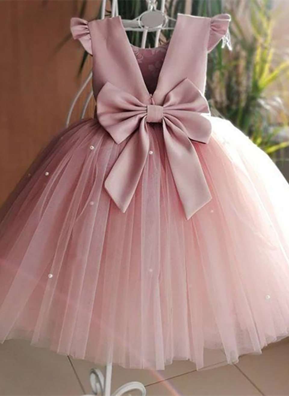 Pink Girls Flower Dresses For Party Sleeveless Knee Length Pearls Bow Flower Girl Dress First Holy Communion Get Together Dress