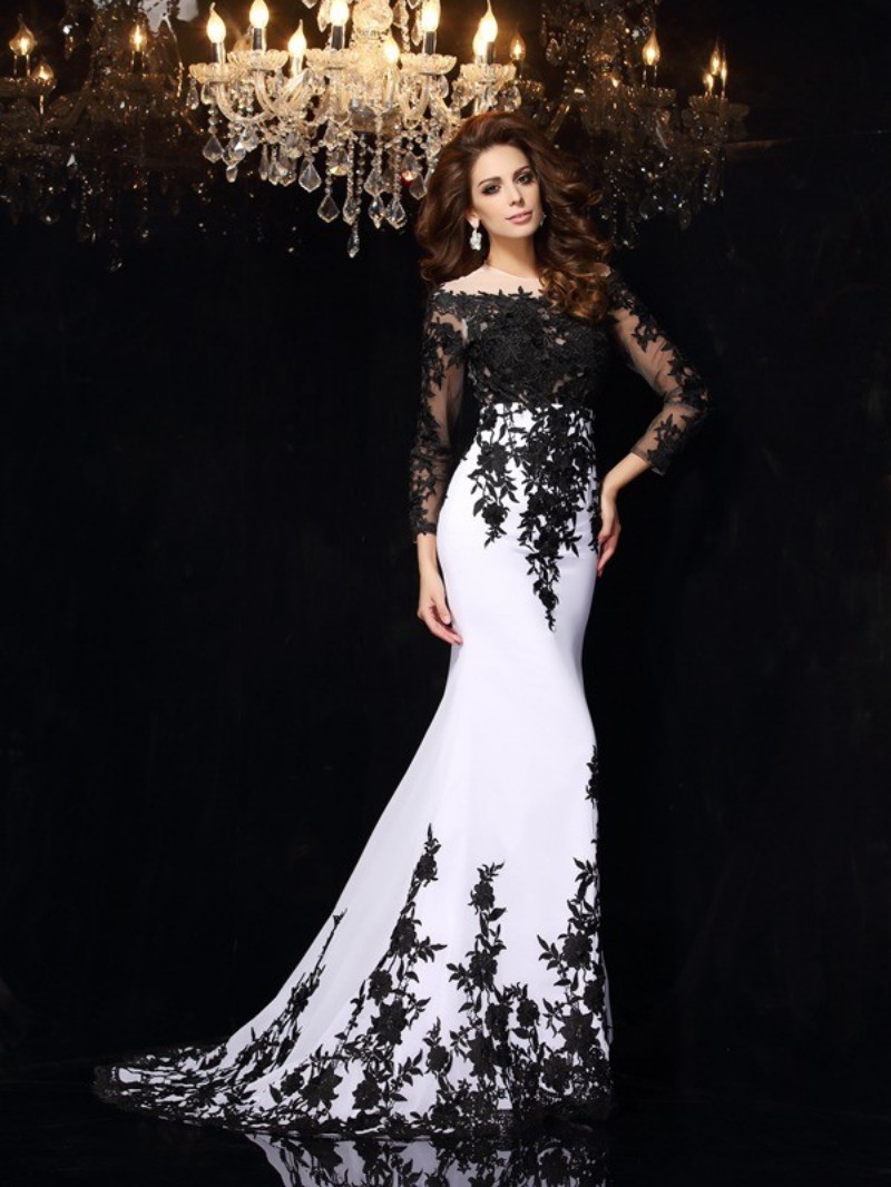 Black And White Mermaid Evening Dresses Long Sleeve Lace Appliques Plus Size Prom Gowns Special Occasion Dress robes de soirée