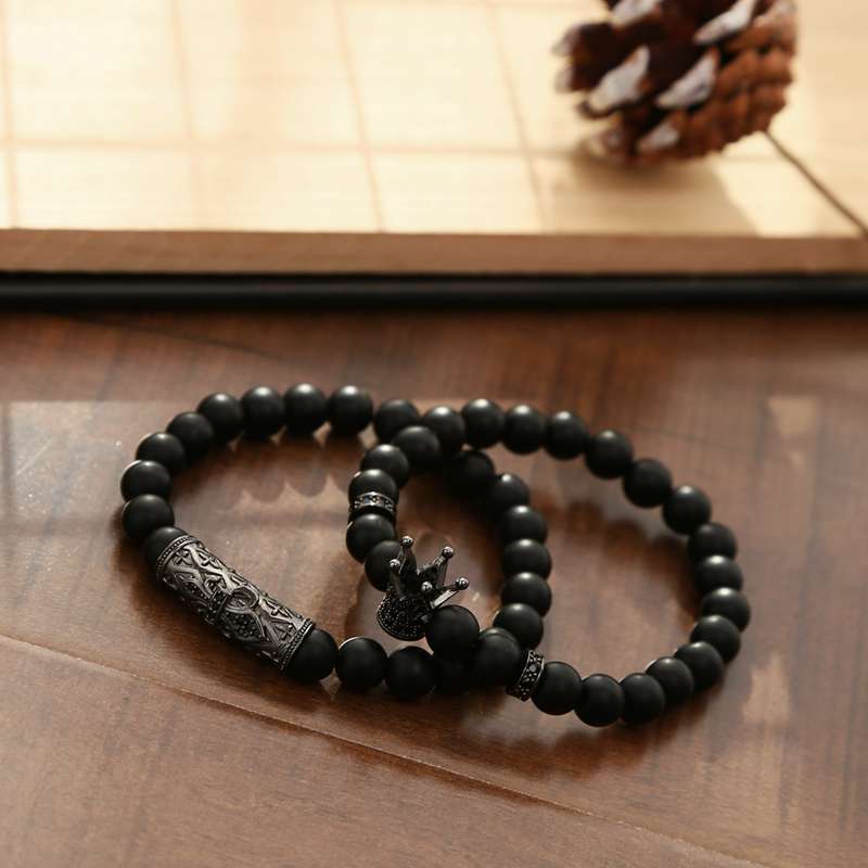 2 Set Bracelets - Matte Black Onyx 8MM Crown Men and Women Tattoo Personality Friendship Gift bracelet
