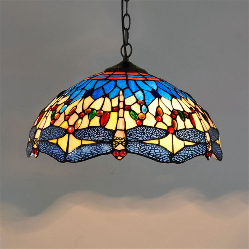 European creative retro Tiffany stainedblue yellow dragonfly art chandelier bar restaurant glass lamp TF022