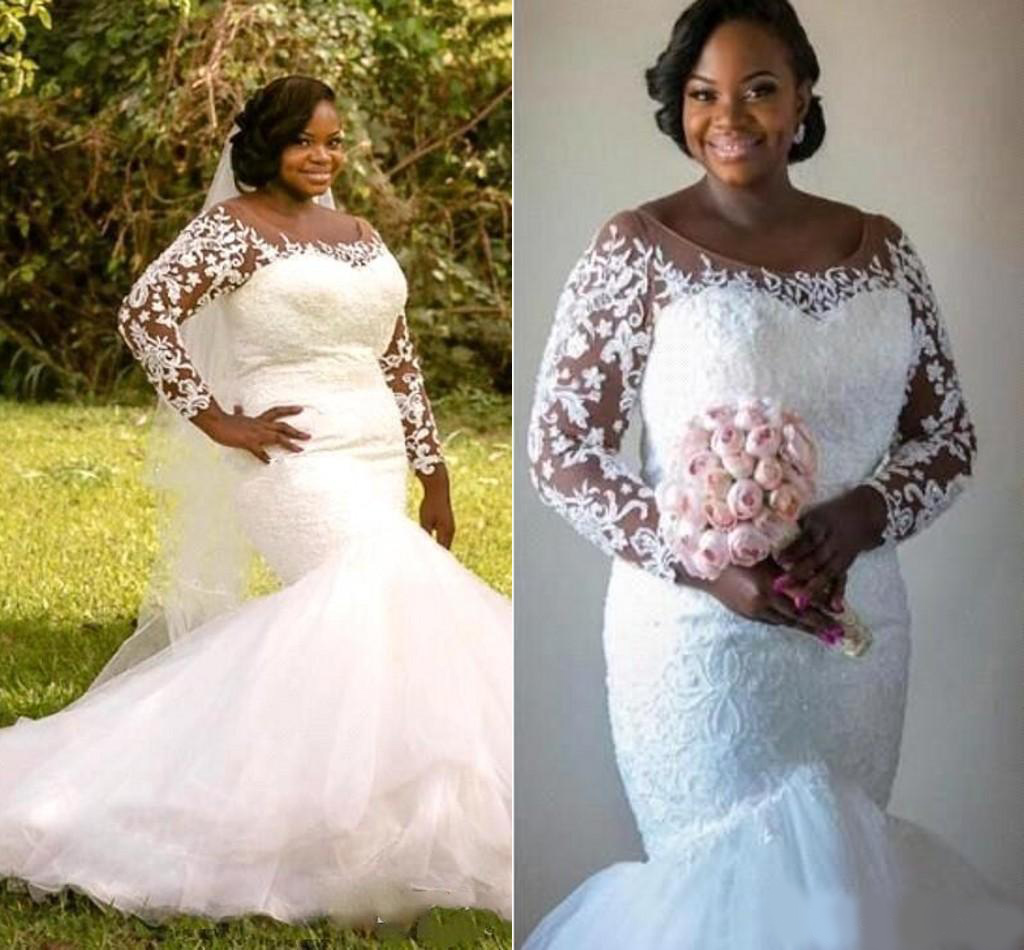 South African Mermaid Long Sleeeve Wedding Dresses Sheer Scoop Neckline Lace Appliqued Ruched Long Train Bridal Gowns Plus Size