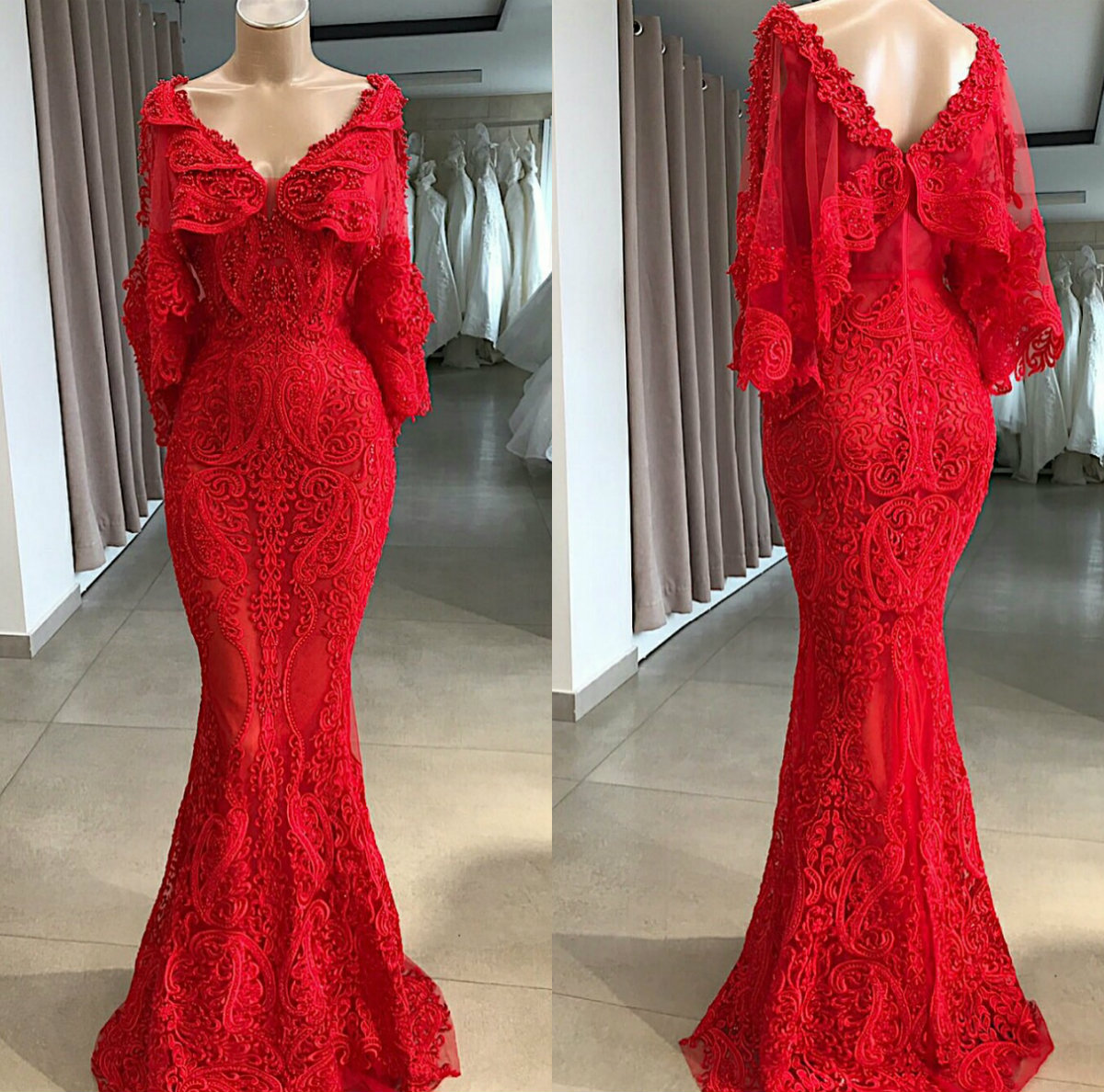 gorgeous vneck mermaid party dresses appliqued beaded evening dress ruffle cheap sweep train custom made party gown hot sell