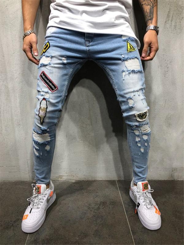 Cotton Blend Skinny Hole Ripped Denim Jeans for Men Hip Hop Slim Fit Streetwear Patchwork Badge Distressed Blue Pencil Pants, Dark blue
Cotton Blend Skinny Hole Ripped Denim Jeans for Men Hip Hop Slim Fit Streetwear Patchwork Badge Distressed Blue Pencil Pants, Dark blue