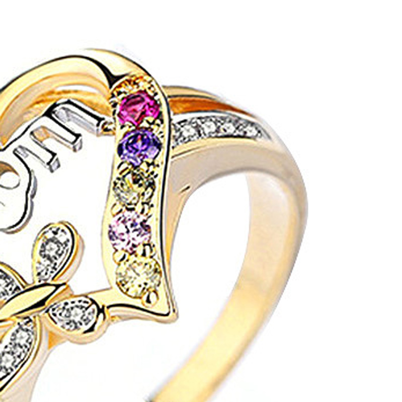 Hot Selling Elegant Gold Filled Mom Ring with Side Stones Colorful Crystal Love Heart Love Mom Ring Mother's Day Gifts