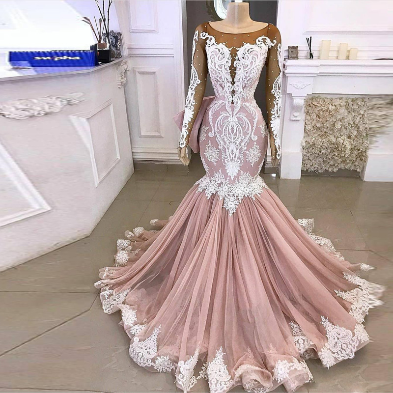 New Arrival Gorgeous Formal Dress Jewel Tulle Lace Sequins Applique Red Carpet Dress Sweep Train Evening Gown
