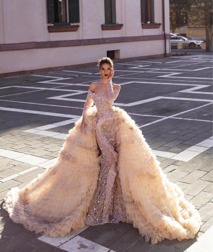 Luxury Champagne Mermaid Wedding Dresses with Detachable Train Lace Sequined Overskirt Vintage Wedding Gowns Off Shoulder vestido de novia