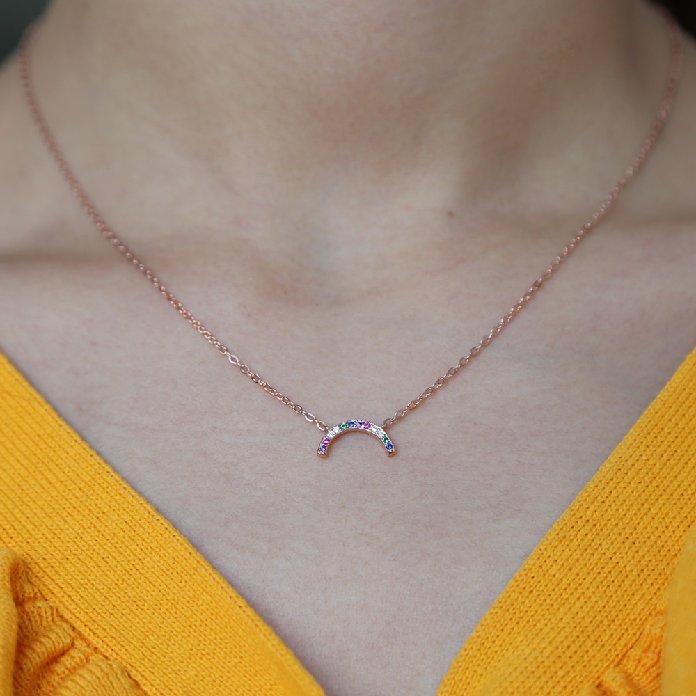 real 925 sterlilng silver rainbow crescent moon jewelry multi cz colorful cz pave lovely girl gift minimal valentine necklace