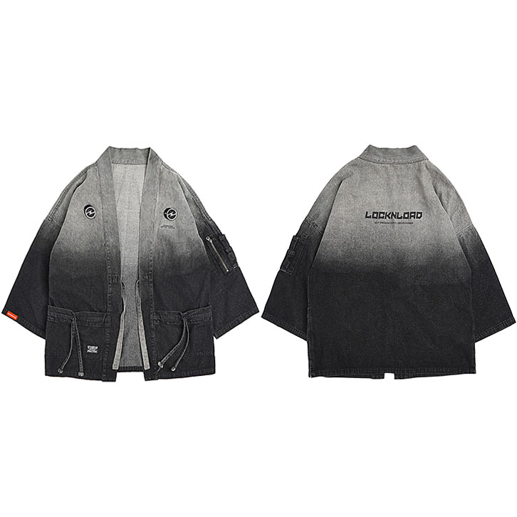 Japanese Kimono Jacket Gradient Color Hip Hop Men Denim Jacket Streetwear Harajuku Japan Style Cardigan Jean Vintage