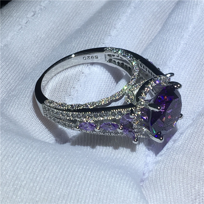 Vecalon Hollow Flower Ring 925 sterling Silver 4ct Purple Diamonds cz Anniversary Wedding Band Rings For Women Finger Jewelry