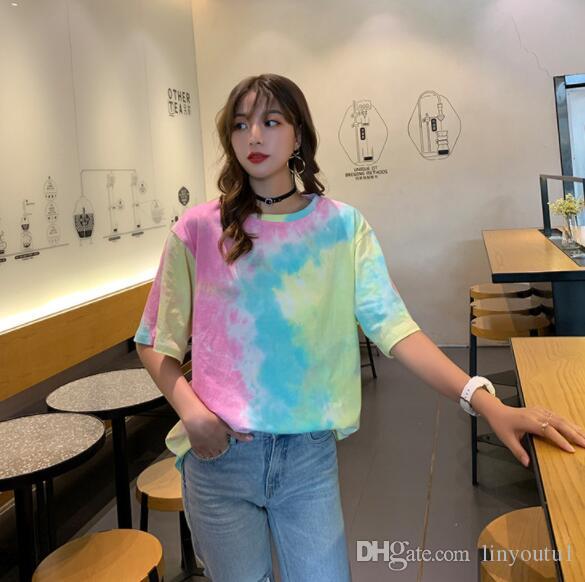 2020 Tie Dye Gradient Large Size Loose OVERSIZE Fashion Harajuku Female Tops Print Hip Hop Short Sleeve Casual Couple T-shirt