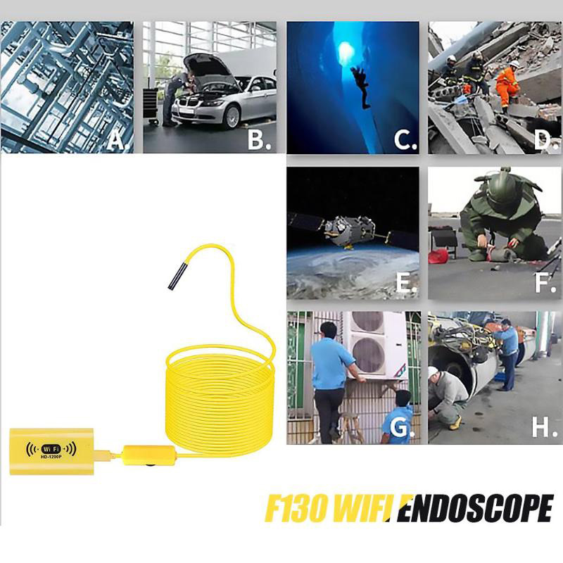 IP68 Waterproof F130 WiFi Endoscope Digital Inspection Cameras 2MP HD 1200P 8 LED 8mm Lens Industrial Borescope Camera For Auto Repair Tool