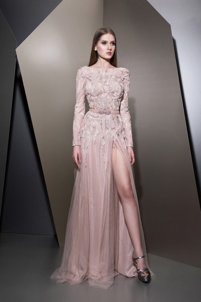 2019 Ziad Naked pink prom dresses bateau neck long sleeves Prom Dresses sexy split Floor Length modest Party Evening Gowns Custom