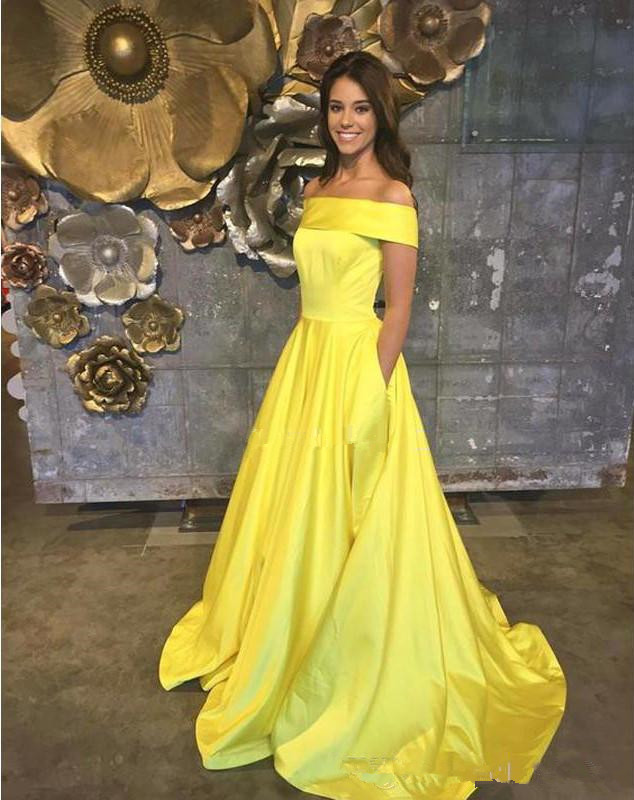 Elegant Off Shoulder Evening Dresses Yellow A Line Formal Prom Dress Long With Pockets Custom Made Cheap Party Gowns