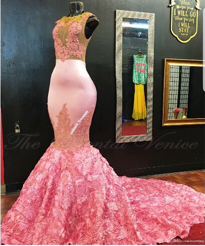 Aso Ebi Mermaid Prom Dresses African Style Rose Flowers Sheer Neckline Evening Dresses Long Lace Appliques Beads Arabic Party Gowns