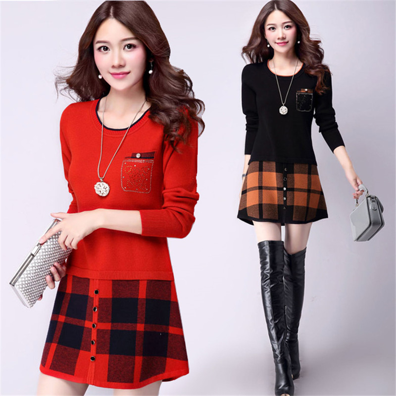 Women Sweater Autumn Winter christmas Stitching O-neck Knitted Cashmere Sweater Pullover Slim plus Size Medium Long, Black
