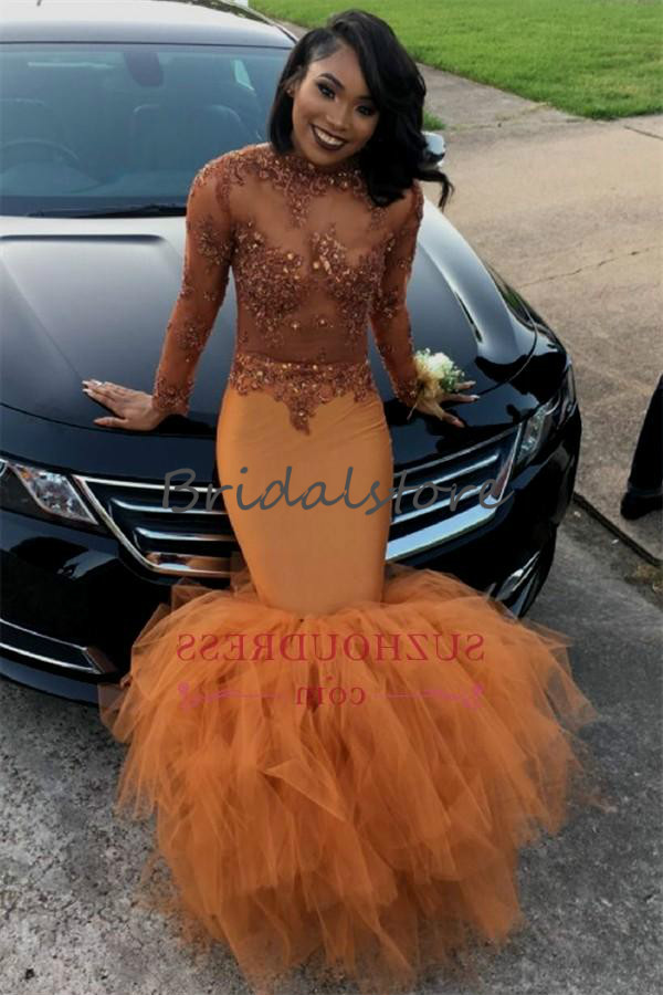 Dust Orange Mermaid Prom Dresses Black Girls Slay High Neck Long Sleeves See Though Top Beaded Tight Formal Evening Gowns Plus Size 2019