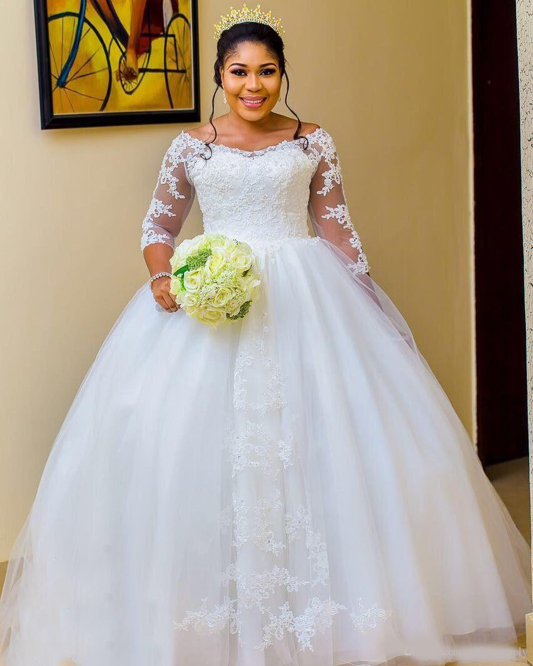 Plus Size Bridal Gowns Wedding Dresses African Arabic Sheer Long Sleeves Off Shoulder Appliques Puffy Long Modest