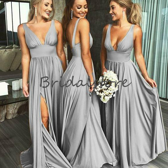 Burgundy Teal Summer Country Bridesmaid Dresses Deep V Neck backless floor Length Maid Of Honor Dress Cheap Front Slits Long Prom Gown 2019