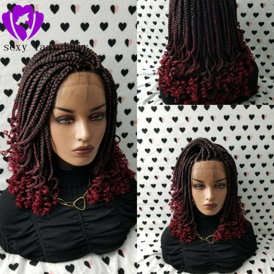 Fashion Braided curly wig African American ombre red Braided Lace Wig Lace Front Synthetic short Braided Wigs with curly tips for women