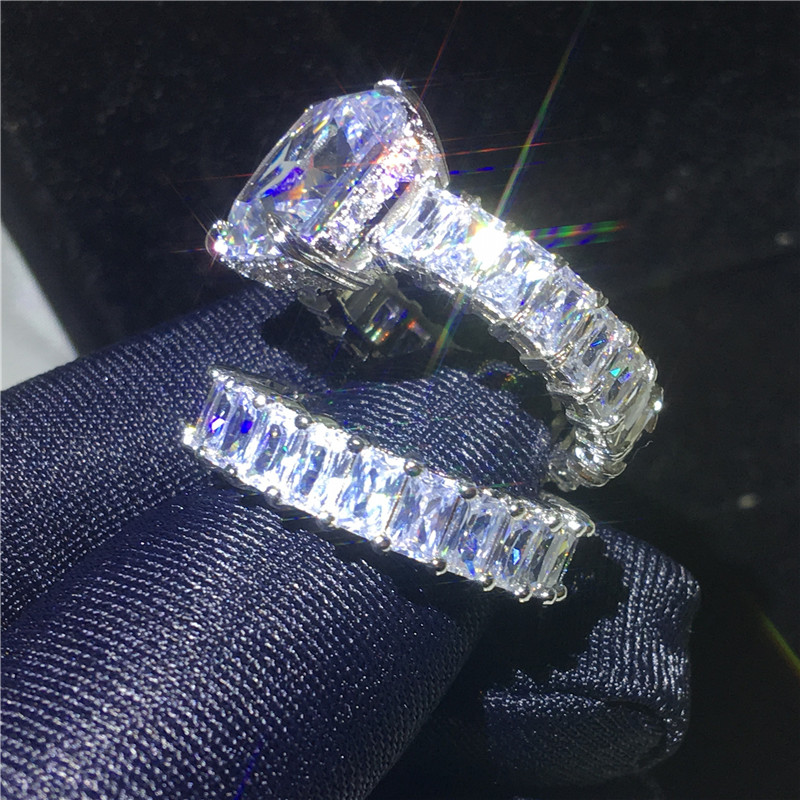 Vecalon Vintage Ring Sets 925 sterling silver Princess cut Diamond Engagement Wedding band rings for women men Jewelry