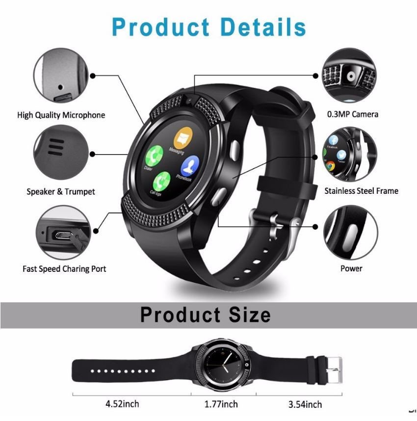 New Smart Watch V8 Men Bluetooth Sport Watches Women Ladies Rel Smartwatch with Camera Sim Card Slot Android Phone PK DZ09 Y1 A1 R