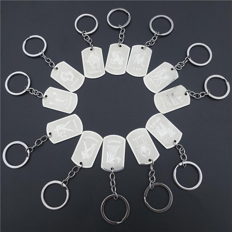 Stainless Steel Astrology Zodiac Sign Dog Tag Keychain Constellation Horoscopes Keyrings Birthday Gift Key Chain 12 Pieces/Lot Assorted