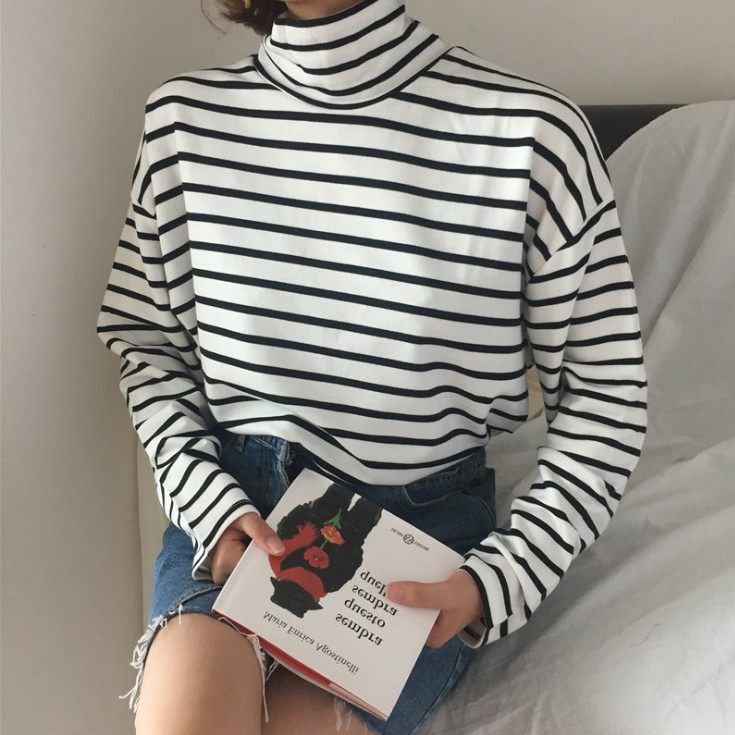 Spring And Autumn Long Sleeve Turtleneck Striped Casual T Shirt Loose Pullover Regualr Tops Female Cloths