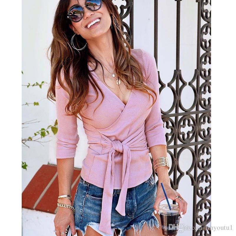 tshirt Women Casual V-neckline T-Shirts Women T Shirts Cross Strap Bow Shirt long Sleeve Top 2020