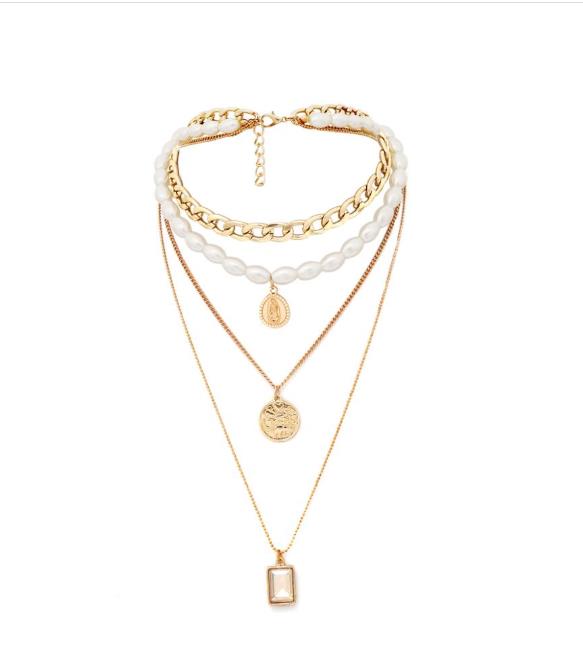 Fashion- Multi Layered Pearl Choker Necklace Collar Statement Virgin Mary Coin Crystal Pendant Necklace Women Jewelry