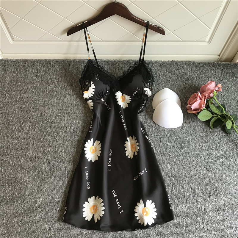 Sexy Nightdress Satin black daisies Nightgown Lady Spaghetti Strap Sleeveless Silk satin Sleepwear for Women Nightwear Clothes, Small daisies
Sexy Nightdress Satin black daisies Nightgown Lady Spaghetti Strap Sleeveless Silk satin Sleepwear for Women Nightwear Clothes, Small daisies