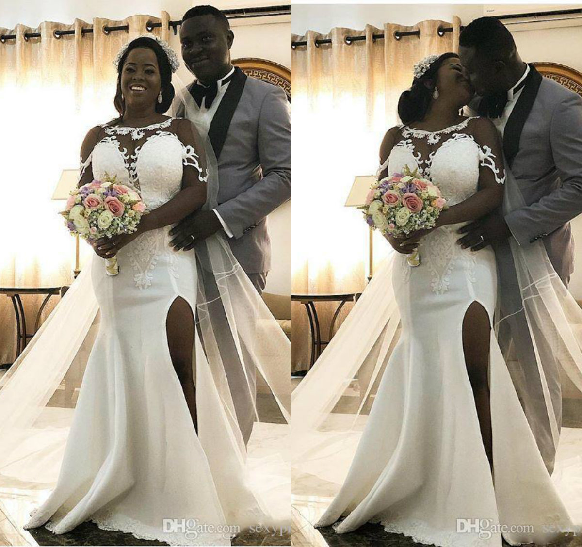 2019 African White Mermaid Wedding Dresses Lace Applique Side Split Long Sleeves Modest Wedding Dress Jewel Neck Country Bridal Gowns