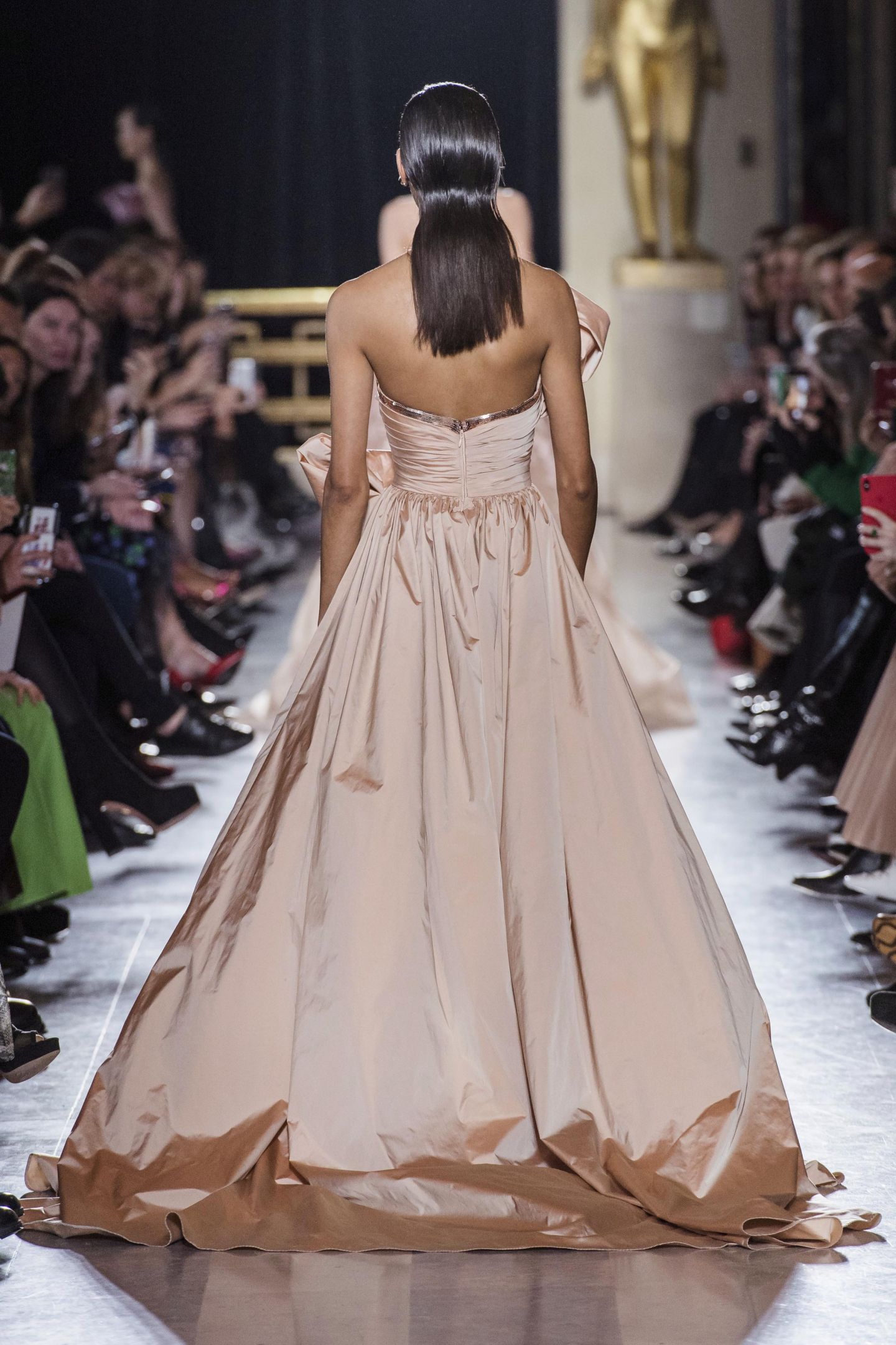 Elie Saab 2020 Evening Dresses Strapless A Line Ruffles Satin Prom Dress Designer Sweep Train Custom Made Formal Gowns