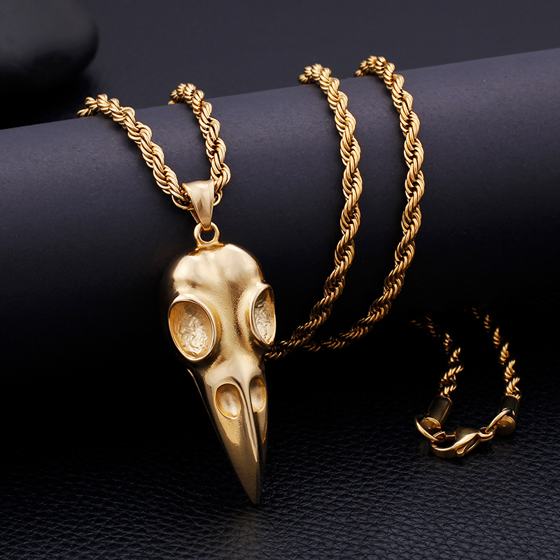 Skeleton Skull Bird Head Pendants Necklace Cool Men Punk Hip Hop 316L Stainless Steel 18K Gold Plated Jewelry