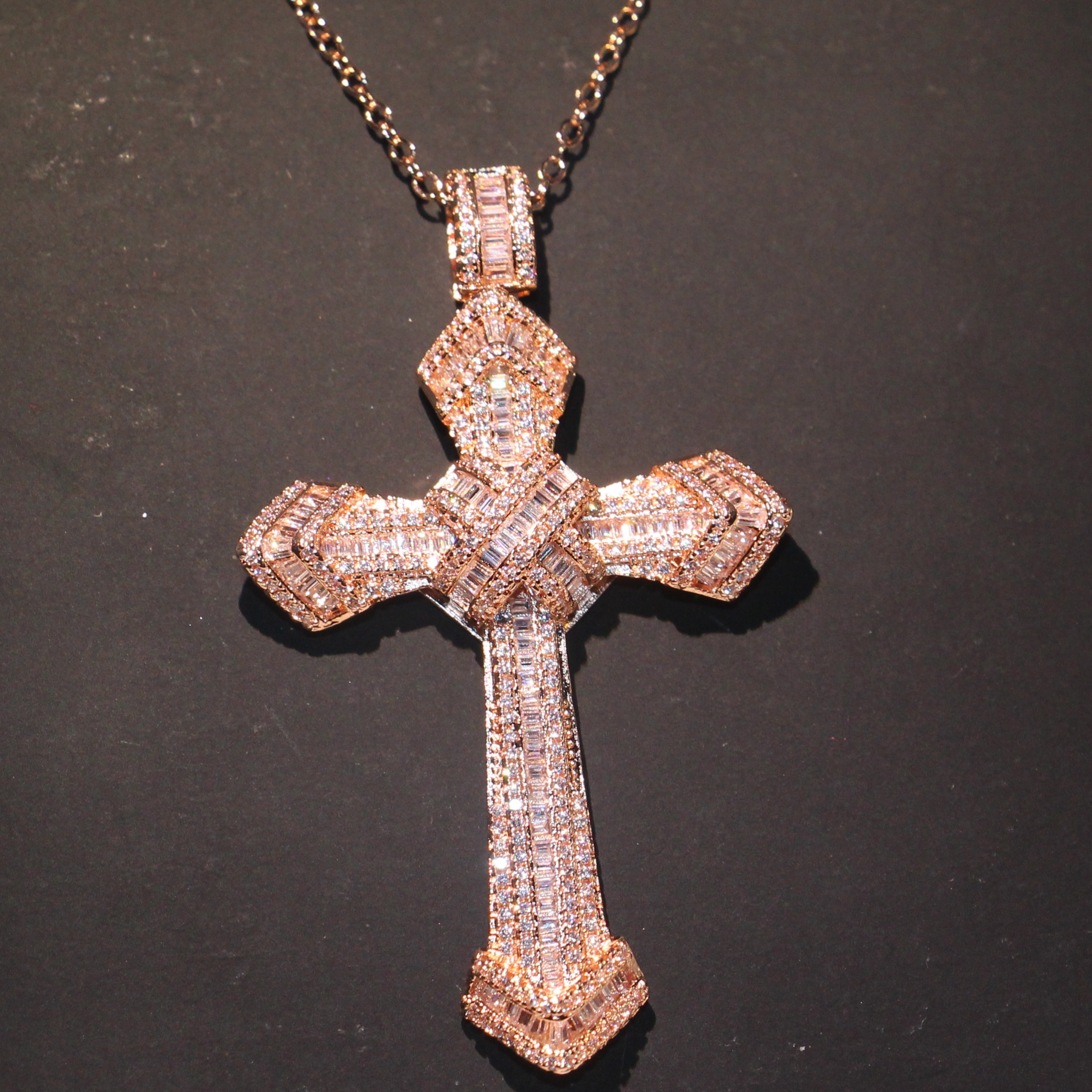 Women's Sterg Sier & Rose Gold Filled Cross Pendant Necklace with AAAAA Cubic Zirconia