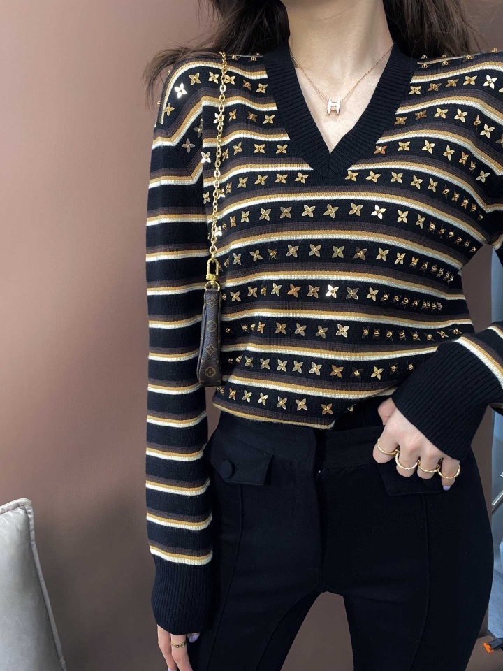 Spring/Summer 2020 High-end Quality Fashion Lady's Wool Blended V-neck Hand-made Golden Pointed Petal Sweater S-L