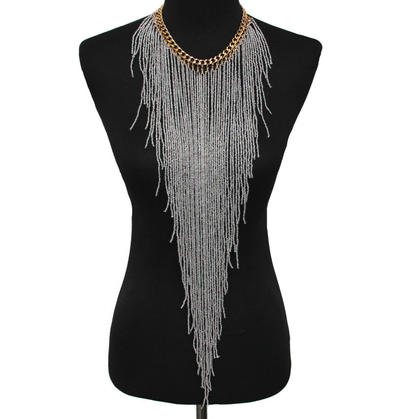 Fashion- Bohemian Style Design Women Charm Jewelry Resin Bead Handmade Long Tassel Statement Link Chain Choker Necklace Christmas Gift