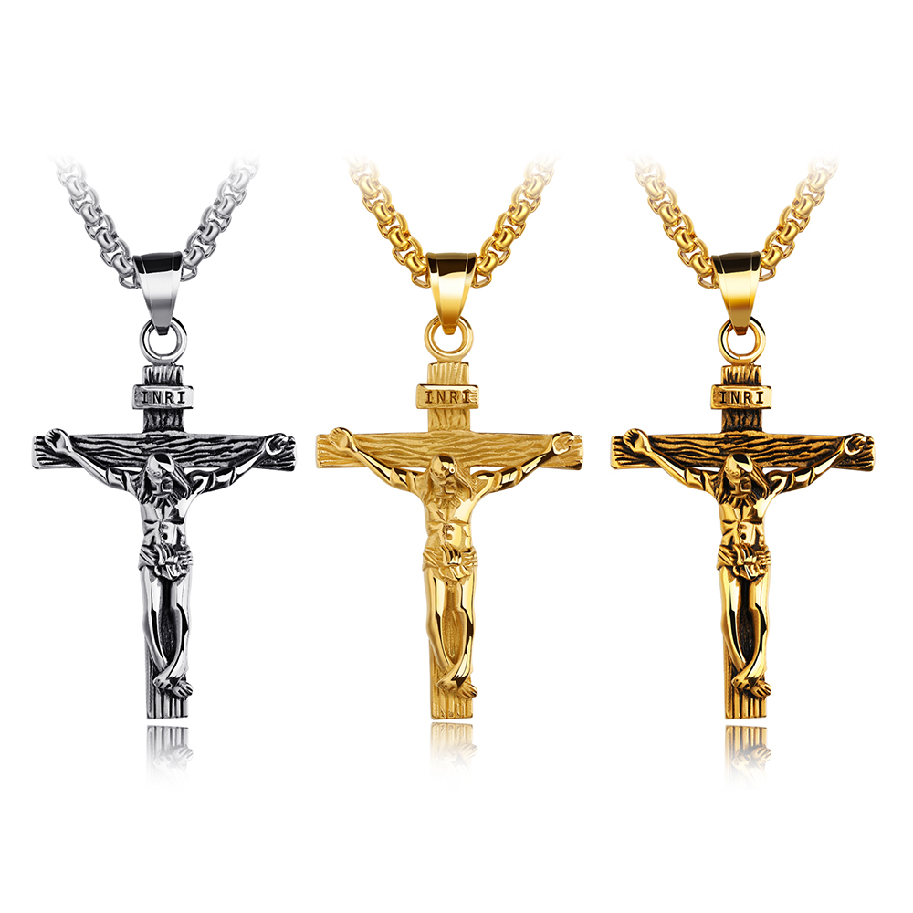 High Quality Jesus Cross Pendant Necklace Gold/Black Gun Plated Stainless Steel Fashion Religious Jewelry for Women Men Faith Necklace
