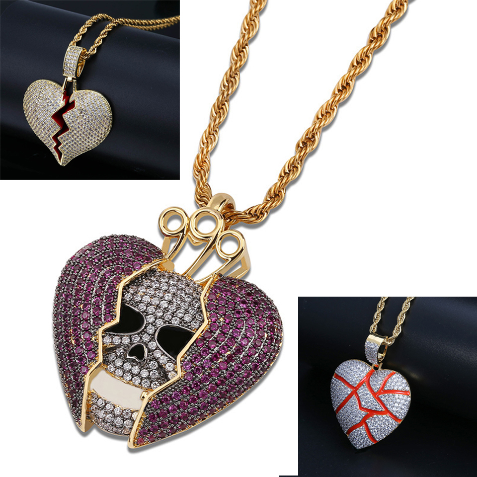 Personalized 18K Gold White Gold Plated Fully Iced Out Broken Heart Pendant Necklace CZ Cubic Zircon Diamond Hip Hop Jewelry Gift for Couple