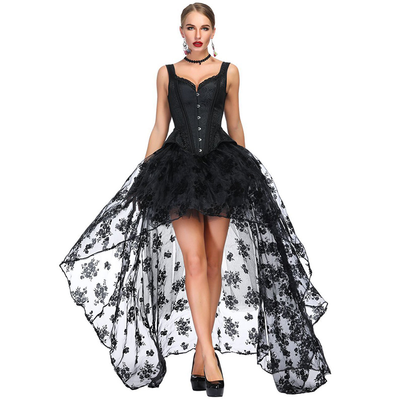 Women Vintage Corset Top with Hi-lo Mesh Skirt Outfit Halterneck Contrast Panel Side Hip Curve Overbust Padded Corset Fashion Burlesque Set