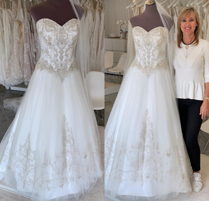 A Line Wedding Dresses Strapless Applique Sequins Rhinestone Beads Pearls Beading Wedding Dresses Floor Lenght Vestidos De Novia