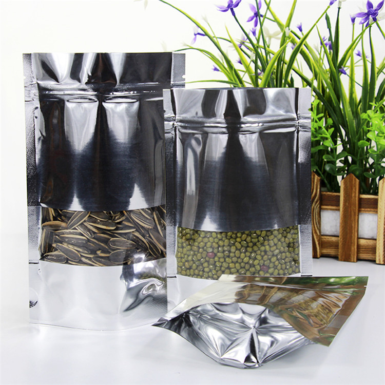 100pcs Stand up Glossy Silver Window Zip Lock Bag Resealable Plastic Sugar Snack Meat Coffee Kitechen Supplies X-mas Biscuits Heat Sealing Storage Pou