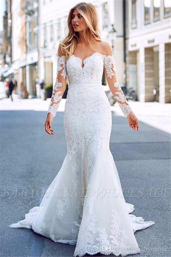 Elegant Romantic Lace Mermaid Dresses Off Shoulder Tulle Sheer Sleeve Appliqued Long Train Wedding Dress Bridal Gowns Bohemian