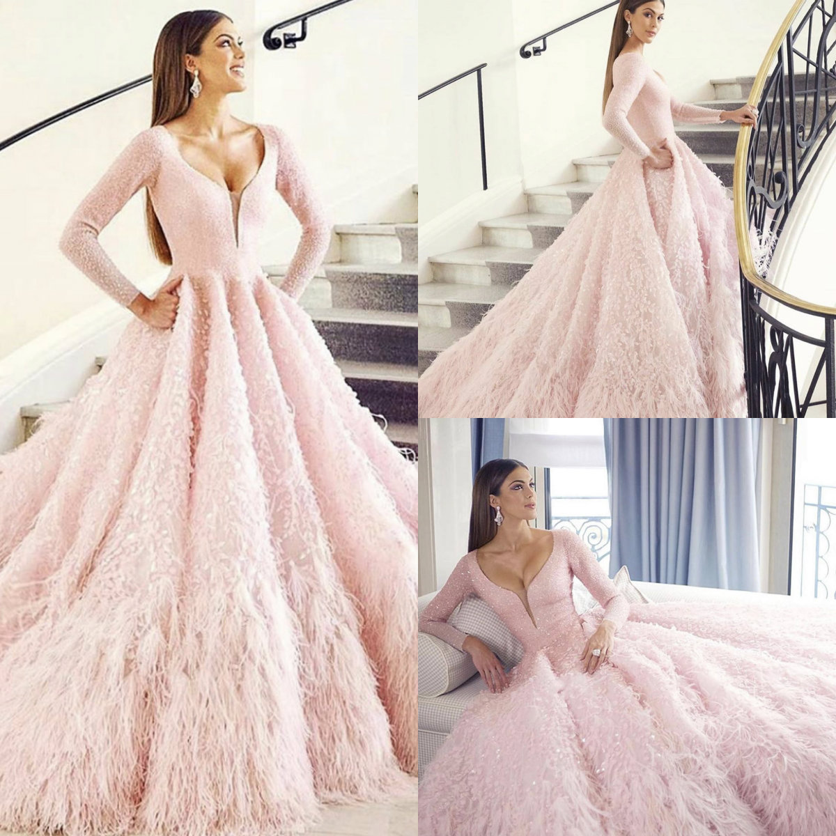 Luxury Feather Pink Prom Dresses Lace Appliqued A Line Plunging Neckline Long Sleeve Evening Dress Custom Made Formal Party Gowns