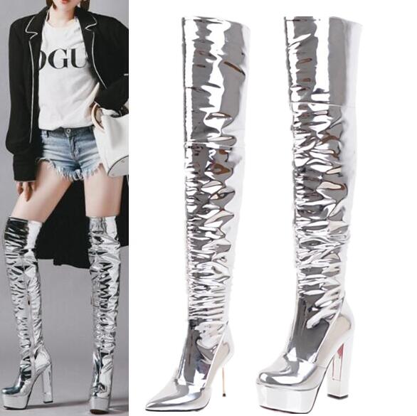 New Patent Leather Sliver Pleated Over The Knee Platform Boots Sexy Stage Performance Walk Show Night Club Thigh boots Woman, As picture
New Patent Leather Sliver Pleated Over The Knee Platform Boots Sexy Stage Performance Walk Show Night Club Thigh boots Woman, As picture