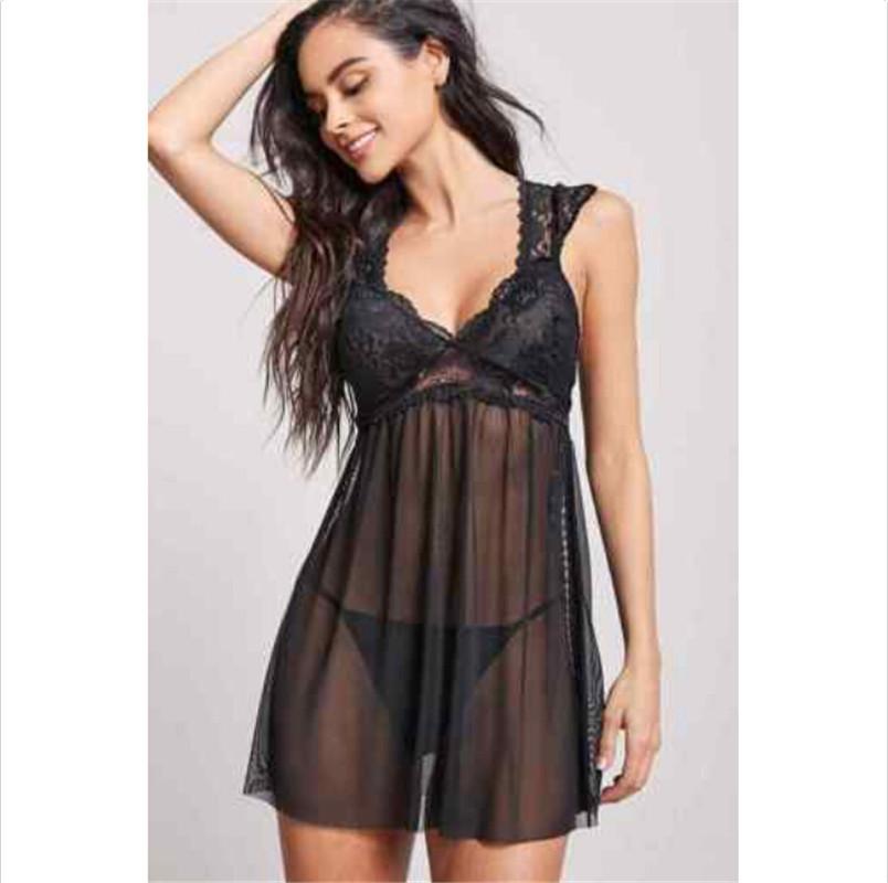 

Sexy Women's Lace Spliced Dress Nightwear Underwear Ladies Fashion See Through Mesh Sheer Vestido Babydoll Sleepwear Dress 2020, As photo show