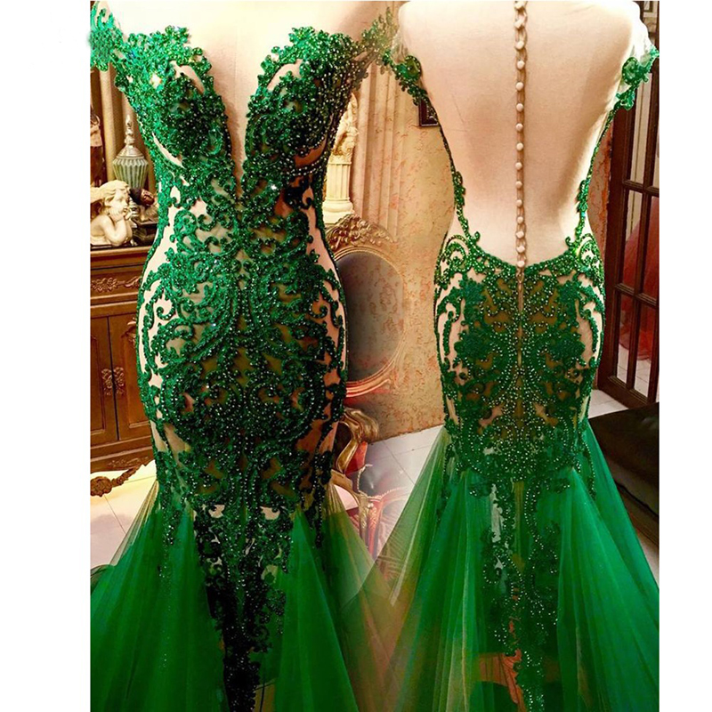 Emerald Green Beaded Long Mermaid Prom Dresses Saudi Arabic Lace Prom Gowns Sheer Back Formal Dress Vestidos Longo