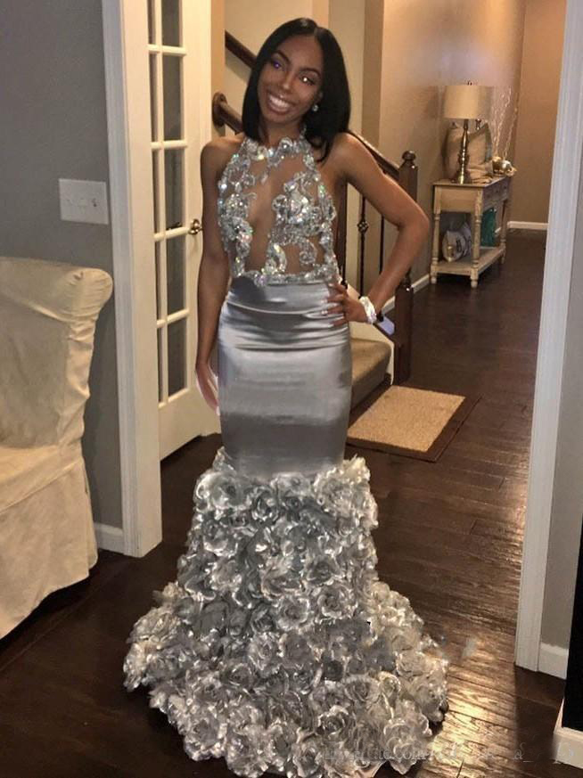 African Silver Mermaid Prom Dresses With 3D Flower Appliques Halter Backless Sweep Train Black Girl Evening Party Dresses Red Carpet Gowns